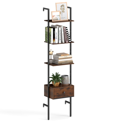 Gymax 5-Tier Bookshelf w/ Drawer 70'' Wall Mount Ladder Bookcase w/ Metal Frame