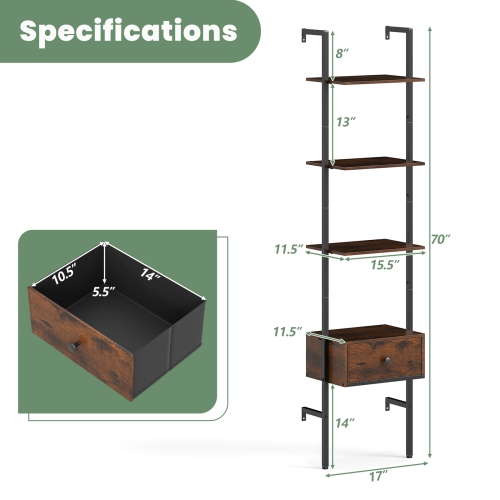 Gymax 5-Tier Bookshelf w/ Drawer 70'' Wall Mount Ladder Bookcase w/ Metal Frame