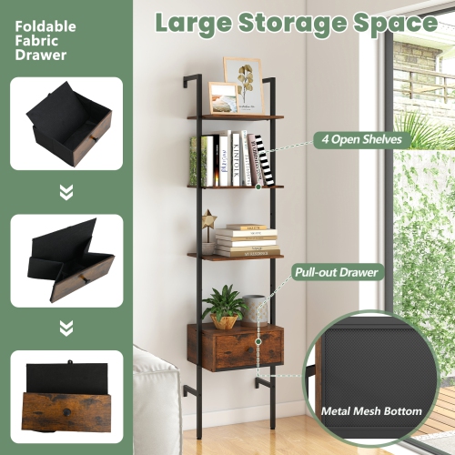 Gymax 5-Tier Bookshelf w/ Drawer 70'' Wall Mount Ladder Bookcase w/ Metal Frame