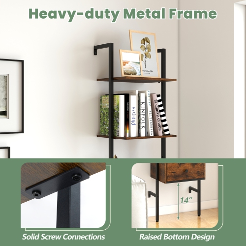 Gymax 5-Tier Bookshelf w/ Drawer 70'' Wall Mount Ladder Bookcase w/ Metal Frame