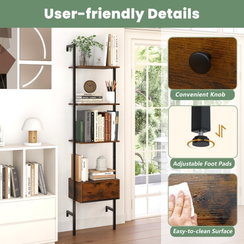 Gymax 5-Tier Bookshelf w/ Drawer 70'' Wall Mount Ladder Bookcase w/ Metal Frame