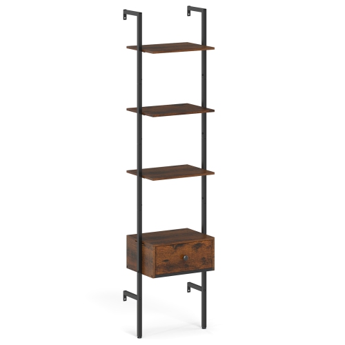 Gymax 5-Tier Bookshelf w/ Drawer 70'' Wall Mount Ladder Bookcase w/ Metal Frame