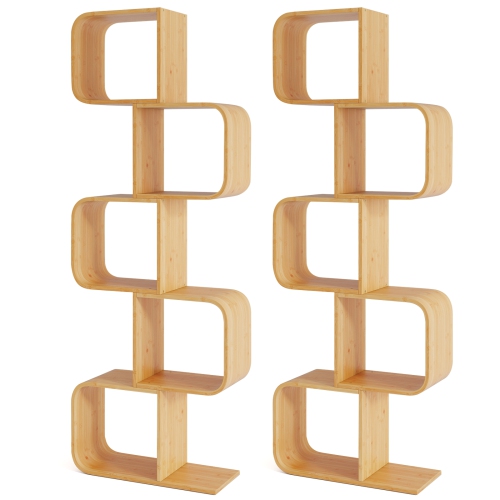 Gymax 2PCS 5-Tier S-Shaped Bookcase w/ 5 Open Cubes Geometric Corner Display Shelf