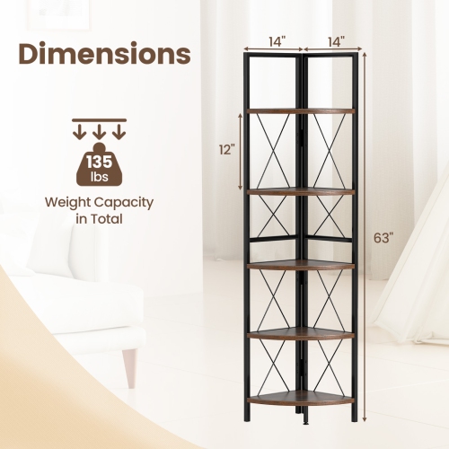 Gymax 5-tier Corner Display Rack Corner Ladder Bookshelf w/ Sturdy Metal Frame