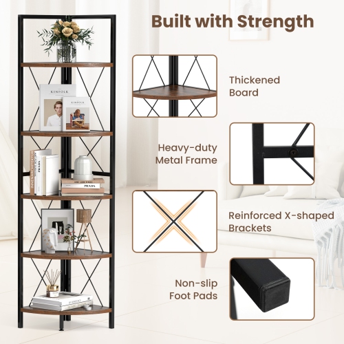 Gymax 5-tier Corner Display Rack Corner Ladder Bookshelf w/ Sturdy Metal Frame