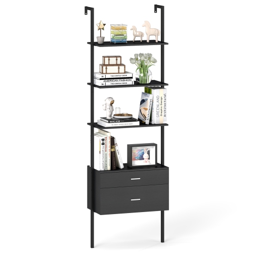 GYMAX  Ladder Bookshelf W/ Storage Wall Mount Bookcase W/ 4 Open Shelves In Black