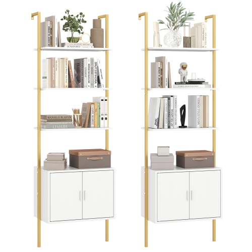 GYMAX  2PCs 72.5" Tall Bookshelf 5 Tier Wall Mount Ladder Bookcase W/ Cabinet