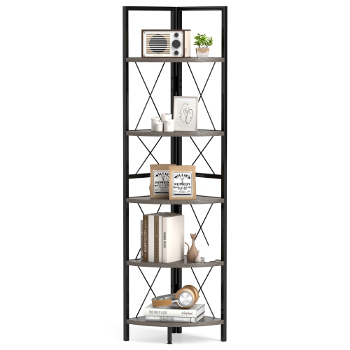 GYMAX  5-Tier Corner Display Rack Corner Ladder Bookshelf W/ Sturdy Metal Frame