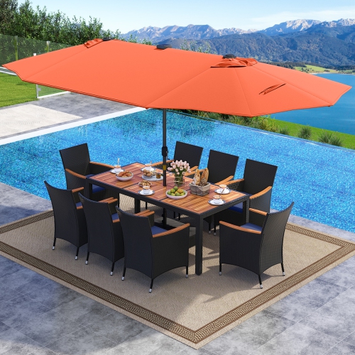 GYMAX  11 PCs Patio Dining Set W/ 15Ft Double-Sided Patio Umbrella (Base Included)