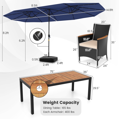 Gymax Set Of 11 Patio Dining Set w/ 15ft Double-Sided Patio Umbrella