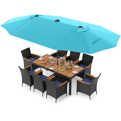 GYMAX  11 PCs Patio Dining Set W/ 15Ft Double-Sided Patio Umbrella (Base Included)