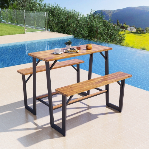 Gymax Outdoor Picnic Table for 4 Acacia Wood Rectangular Picnic Table w/ 2 Built-in Benches
