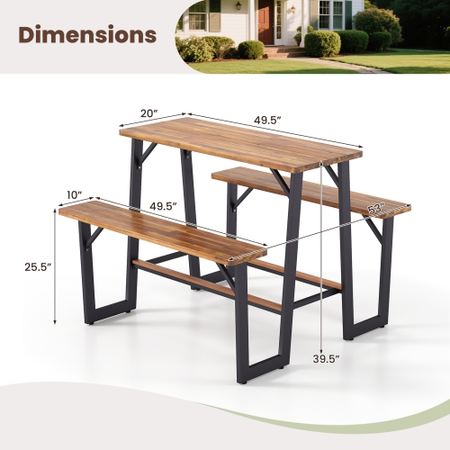 Gymax Outdoor Picnic Table for 4 Acacia Wood Rectangular Picnic Table w/ 2 Built-in Benches