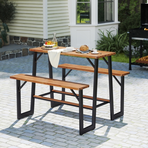 Gymax Outdoor Picnic Table for 4 Acacia Wood Rectangular Picnic Table w/ 2 Built-in Benches