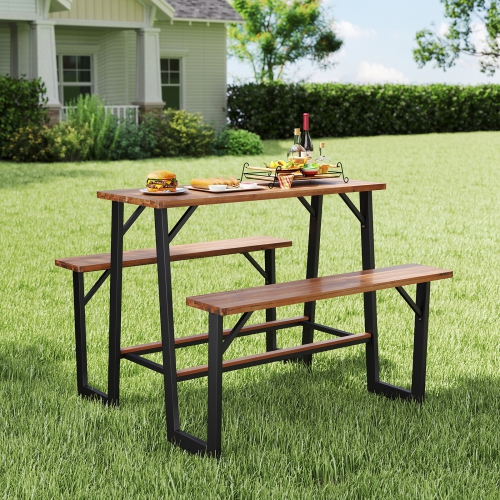 Gymax Outdoor Picnic Table for 4 Acacia Wood Rectangular Picnic Table w/ 2 Built-in Benches