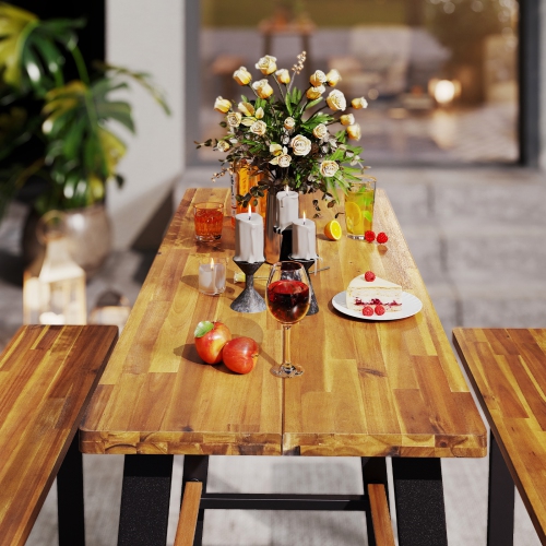 Gymax Outdoor Picnic Table for 4 Acacia Wood Rectangular Picnic Table w/ 2 Built-in Benches