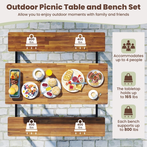 Gymax Outdoor Picnic Table for 4 Acacia Wood Rectangular Picnic Table w/ 2 Built-in Benches
