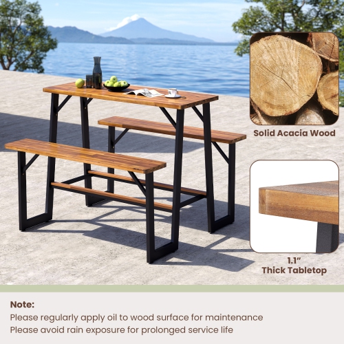 Gymax Outdoor Picnic Table for 4 Acacia Wood Rectangular Picnic Table w/ 2 Built-in Benches