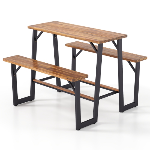 Gymax Outdoor Picnic Table for 4 Acacia Wood Rectangular Picnic Table w/ 2 Built-in Benches