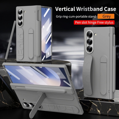Samsung Z Fold7 Case with Wristband Stand, 4/3 Hinge Pen Slot, and Folding Case Cover - Gray