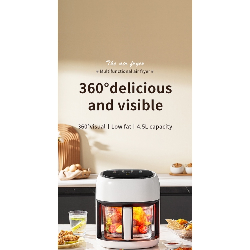 4.5L Smart Air Fryer with Visual Display, Large Glass Capacity, Milky White, 3D Surround Heating, 360° Low-Fat Baking, Visual Window | Color Screen