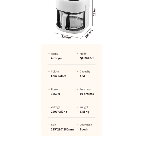 4.5L Smart Air Fryer with Visual Display, Large Glass Capacity, Milky White, 3D Surround Heating, 360° Low-Fat Baking, Visual Window | Color Screen