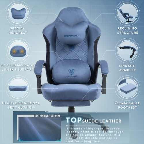 Dowinx Gaming Chair with Heated Massage Lumbar Support, Breathable Fabric Office Chair with Pocket Spring Cushion and Footrest, Recliner High Back PC