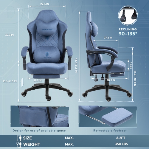 Dowinx Gaming Chair with Heated Massage Lumbar Support, Breathable Fabric Office Chair with Pocket Spring Cushion and Footrest, Recliner High Back PC