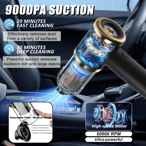 Aspirateur d'auto tout-en-un, mini aspirateur sans fil pour voitures et maisons, aspirateur électrique à aspiration forte - Black Gold Supreme