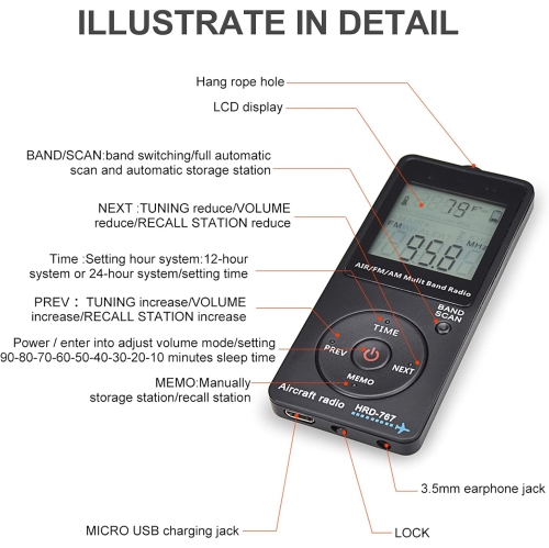 Radio AM FM/AM/AIR portative avec radio à bande aérienne, réglage d'arrêt automatique, pile au lithium 400&nbsp;mAh intégrée
