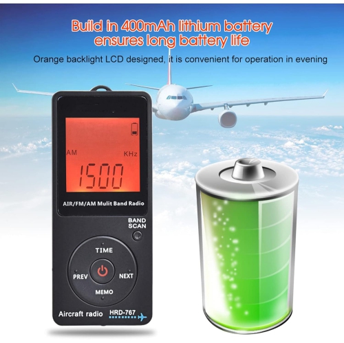 Radio AM FM/AM/AIR portative avec radio à bande aérienne, réglage d'arrêt automatique, pile au lithium 400&nbsp;mAh intégrée