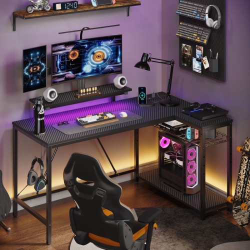 Bestier 52'' W L-Shaped Computer Desk with Power Outlet, LED Gaming Work Desk with Shelves