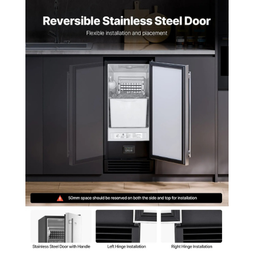 VEVOR Undercounter Built-in Ice Maker SNQRSZBJ50LBRKHUFV1, 50 lbs/24H Square Ice, 22 lbs Storage, Drain Pump, Stainless Steel Door,