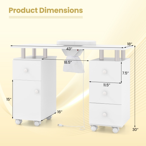 Gymax Manicure Table Nail Desk w/ Electric Dust Collector 3 Dust Bags Wrist Rest
