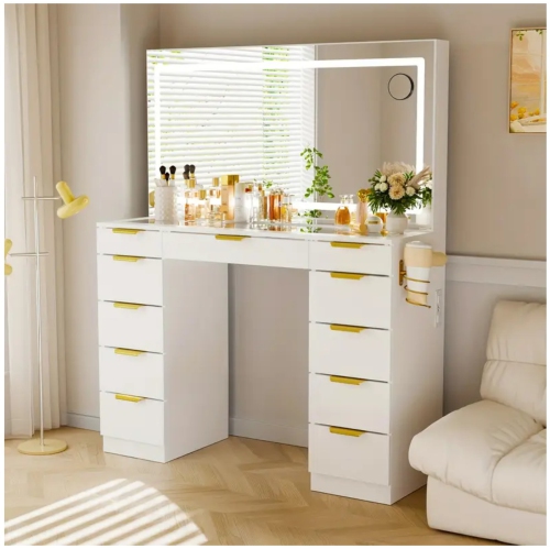 Coiffeuse blanche à 11 tiroirs avec grand miroir LED, 3 modes d'éclairage, prise de courant et chaise – Dessus en verre, cadre en métal, hauteur de