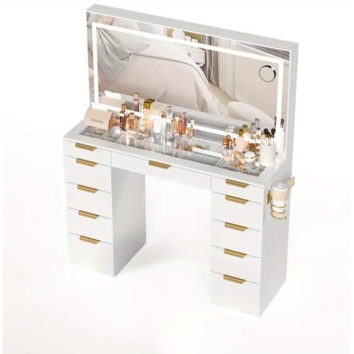 Coiffeuse blanche à 11 tiroirs avec grand miroir LED, 3 modes d'éclairage, prise de courant et chaise – Dessus en verre, cadre en métal, hauteur de