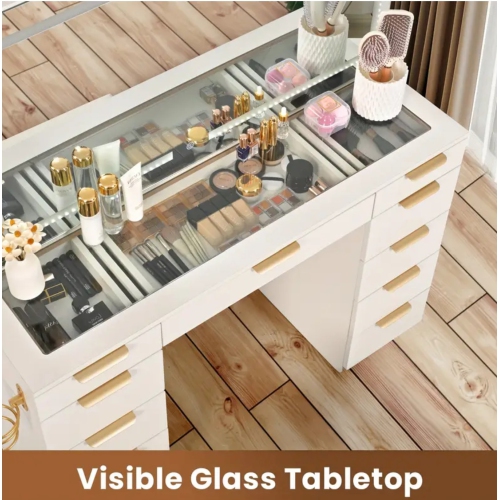 Coiffeuse blanche à 11 tiroirs avec grand miroir LED, 3 modes d'éclairage, prise de courant et chaise – Dessus en verre, cadre en métal, hauteur de