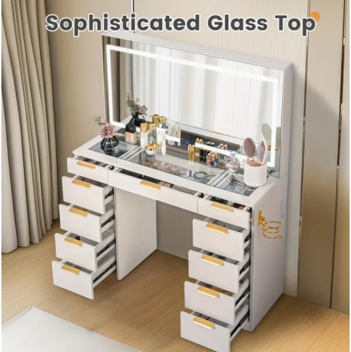 Coiffeuse blanche à 11 tiroirs avec grand miroir LED, 3 modes d'éclairage, prise de courant et chaise – Dessus en verre, cadre en métal, hauteur de