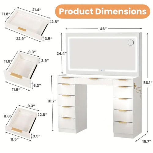 Coiffeuse blanche à 11 tiroirs avec grand miroir LED, 3 modes d'éclairage, prise de courant et chaise – Dessus en verre, cadre en métal, hauteur de