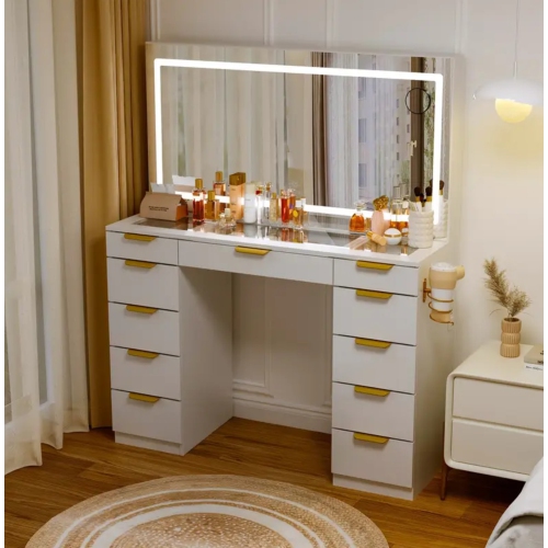 Coiffeuse blanche à 11 tiroirs avec grand miroir LED, 3 modes d'éclairage, prise de courant et chaise – Dessus en verre, cadre en métal, hauteur de