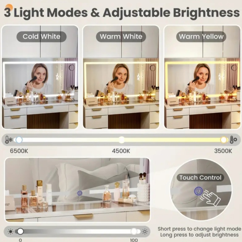 Coiffeuse blanche à 11 tiroirs avec grand miroir LED, 3 modes d'éclairage, prise de courant et chaise – Dessus en verre, cadre en métal, hauteur de