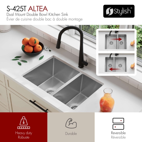 Stylish Dual-mount 25" Stainless Steel 60/40 Double-Bowl Kitchen Sink S-425T