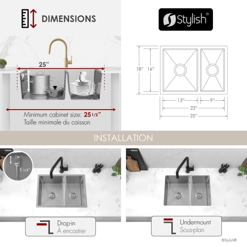 Stylish Dual-mount 25" Stainless Steel 60/40 Double-Bowl Kitchen Sink S-425T