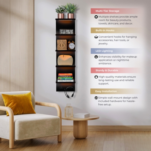 Étagère murale flottante à 5 niveaux avec lumières LED Sorbus - Décoration et rangement