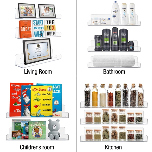 Étagère flottante à rebord mural en acrylique Sorbus, paquet de 6, idéale pour exposer des livres, des objets décoratifs, de l'organisation de la