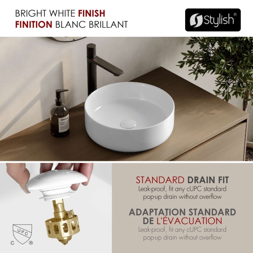 Stylish 14"w White Round Vessel Bathroom Sink P-229H-2