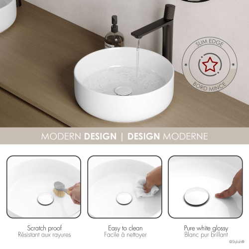 Stylish 14"w White Round Vessel Bathroom Sink P-229H-2
