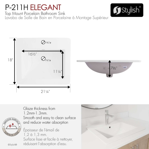 Élégant évier de salle de bain rectangulaire de 21 po à congélateur supérieur en porcelaine blanche avec débordement P-211H