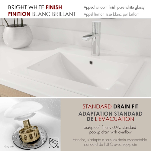 Élégant évier de salle de bain rectangulaire de 21 po à congélateur supérieur en porcelaine blanche avec débordement P-211H