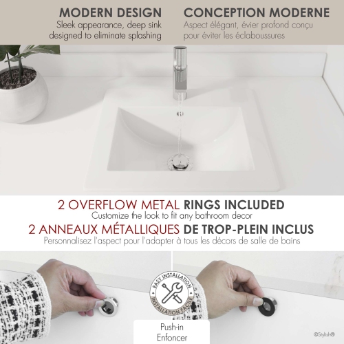 Stylish 21" Rectangular White Porcelain top-mount Bathroom Sink with Overflow P-211H-2